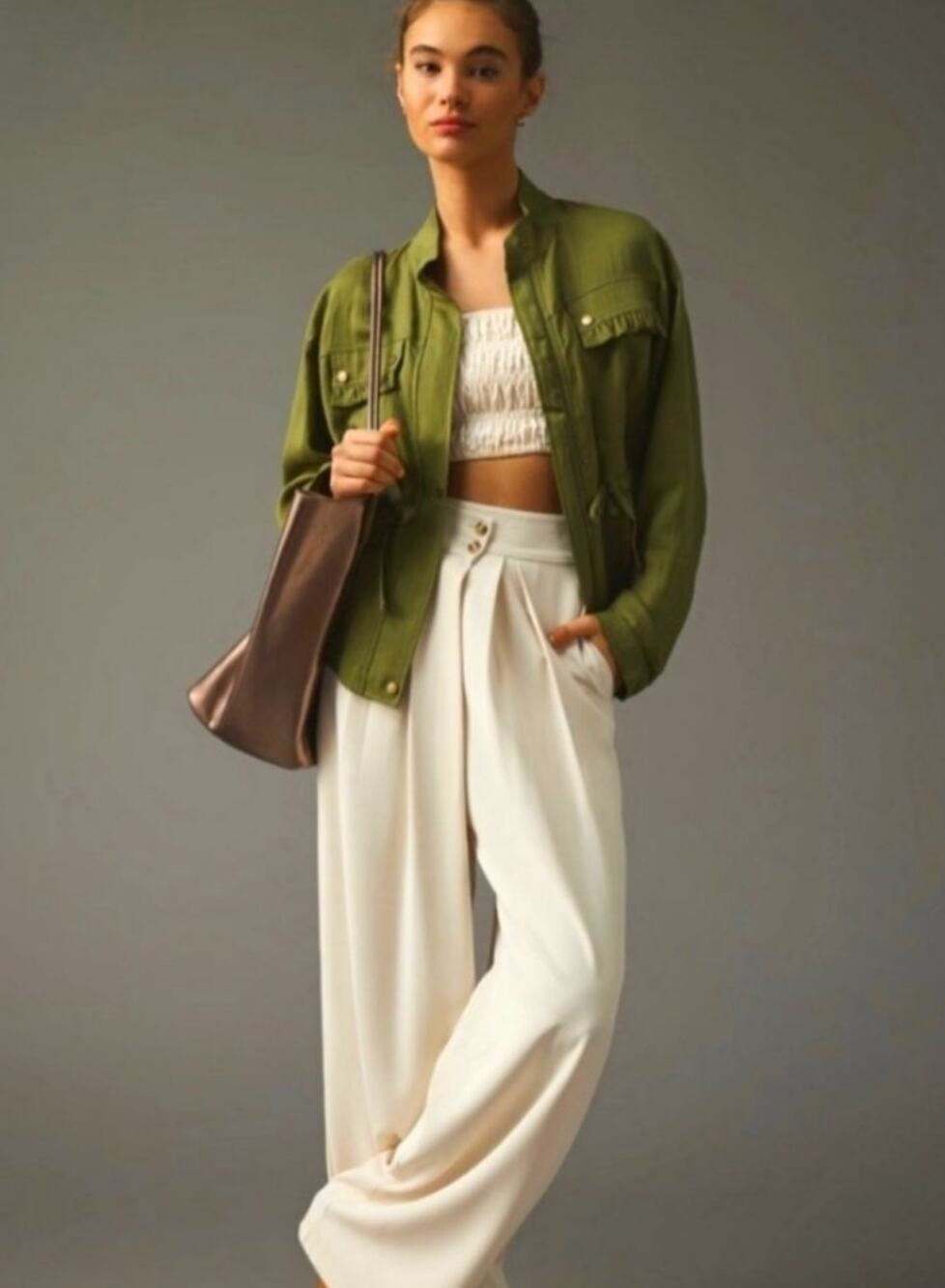 Anthropologie Womens Green Oversized Utility Ruffle Jacket Size Small Army Cargo